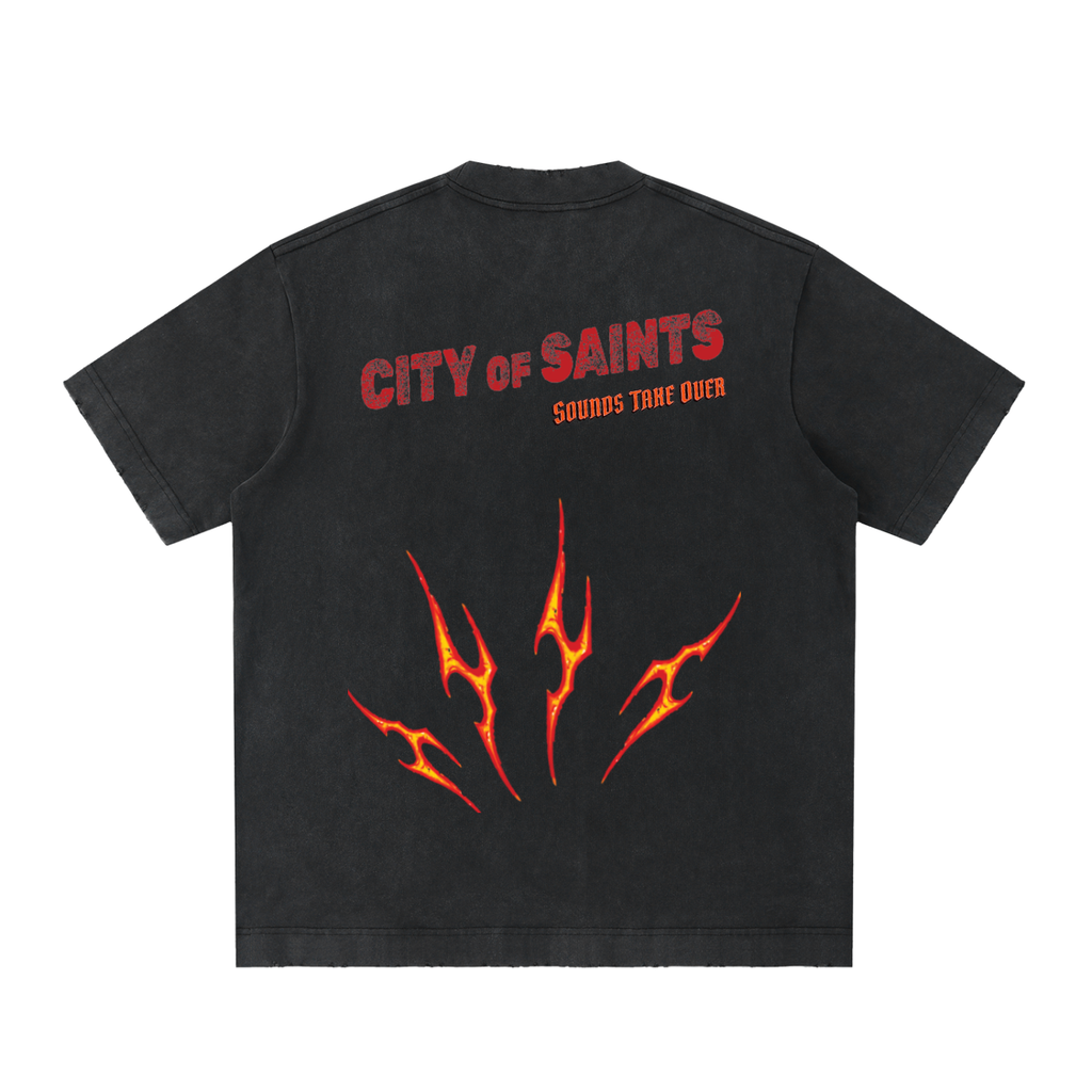 heavyweight,t-shirt,sounds take over,unisex,vintage washed,graphic ,black,orange,red